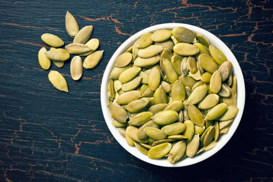 Bowl of pumpkin seeds, also called pepitos.